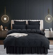 Set Lenjerie de Pat Bumbac Finet Uni cu Volanase, 6 Piese, Pat 2 Persoane, Negru