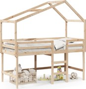 vidaXL Pat etajat cu scară și acoperiș, alb, 90x190 cm, lemn masiv pin