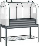 Outsunny Bazin de grădină pe picioare din metal cu seră, jardiniere ridicată cu căptușeală și poliță inferioară, Gri închis | Aosom Romania