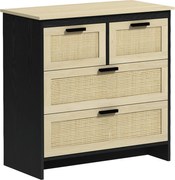HOMCOM Comodă 4 Sertare, Mobilier Sufragerie/Dormitor, PAL și Ratan, 80x38x80cm, Negru/Lemn Natural | Aosom Romania