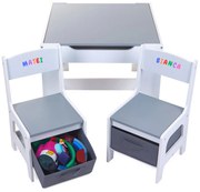 Set Masuta cu scaune pentru copii din Lemn Mdf 3 in 1, Tabla De Scris, Desenat, Colorat, Depozitare, Varsta 3-6 Ani, Alb cu Gri