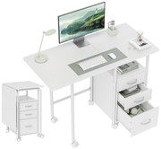 HOMCOM Birou de calculator pliabil pe roți, birou cu depozitare, 3 sertare, blat extensibil, 105x51x75,5cm, alb | Aosom Romania