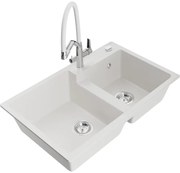 Mexen Tomas chiuvetă de bucătărie granit cu 2 compartimente și baterie Duo, alb - 6516-20-671701-02