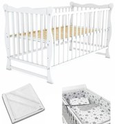 Patut din lemn masiv 120x60 cm Isla alb, include protectie impermeabila si set lenjerie matlasata 5 piese Kidizi