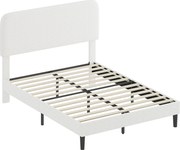 HOMCOM Cadru de pat 140x190cm cu somieră, tăblie reglabilă, pat dublu tapițat în velur Teddy, lamele metalice, alb | Aosom Romania