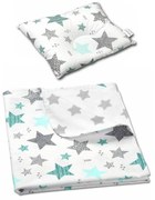Set paturica dubla din bumbac si flanel 100x75 si perna bebelusi contra plagiocefaliei Kidizi All Mint Stars