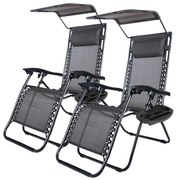 Scaun gravitatie zero cu parasolar si suport pentru pahar, 2 buc-negru