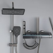 Coloană de duș termostat, afișaj digital, lumină LED ambientală, 4 funcții, butoane ca de pian, cap duș dreptunghiular, efect de ploaie, montare pe perete, 6001
