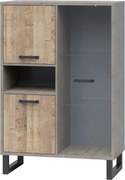 Vitrina BARI, gri/stejar, PAL laminat/sticla/metal, 90x45x134 cm
