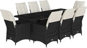vidaXL Set bistro de grădină, 9 piese, cu perne, negru, poliratan