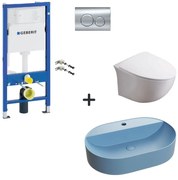 Set vas wc rimless cu capac soft close, lavoar baie bleu mat si rezervor wc cu clapeta crom lucios