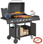 Outsunny Grătar pe Gaz cu Dulăpior, Capac, Măsuță Laterală și Tavă de Colectare a Grăsimii, 129,5x56x110 cm, Negru | Aosom Romania