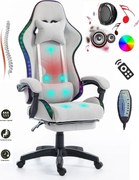 ALFORD Scaun gaming cu Masaj in 5 puncte, Perna lombara cu Masaj, Sistem iluminare banda LED RGB, Boxe Bluetooth, suport picioare, catifea, Gri