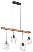 Lampă suspendată rustică neagră cu lemn 4 lumini - Stronk