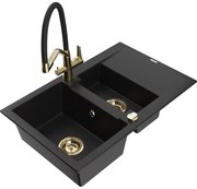 Mexen Gaspar Chiuvetă de granit de 1,5 compartiment cu picurător și baterie de bucătărie Duo, Neagră - 6507-77-671701-57-G
