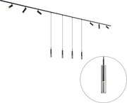Sistem de iluminat pe șină modern negru cu 6 spoturi și 4 lumini suspendate monofazate - Slimline Uzzy Loyce