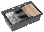 Statie de lucru incastrata Quadron Unique Marc 120 negru diamant - inox 2 cuve 76x50 cm