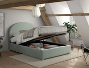 Set MOON: pat tapițat 140 x 200 cm verde cu țesătură bouclé și spațiu de depozitare + taburet verde multifuncțional – Vipack
