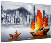 Tablou - Victoria Harbour, Hong Kong, pictură în ulei alb- negru (90x60 cm)