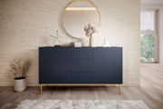 Comodă Nicole 150 cm cu trei sertare - MDF albastru închis / picioare aurii