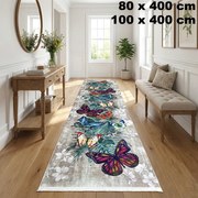 Traversa hol antiderapanta, 400 cm, model floral cu fluturi, multicolor