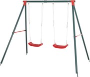 Outsunny Leagăn Dublu pentru Copii 3+ Ani cu Structură din Metal, Leagăn de Grădină cu Coardă Reglabilă, Joc de Exterior, Max 45 kg, 239x156x180 cm, Verde și Roșu | Aosom Romania
