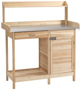 Outsunny Masă de plantare masă de grădinărit cu 2 rafturi, sertar, dulap, tavă oțel galvanizat cu margini înalte, 3 cârlige, natural | Aosom Romania