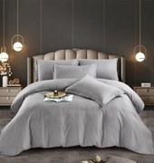 Lenjerie Horeca, Pat Dublu, 100% Damasc Premium, 6 Piese, Cu Elastic - Gri Deschis