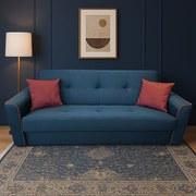 Canapea VERA extensibila, 3 locuri, lada de depozitare, stofa bleumarin + rosu bordo, 225x90x90 Bleumarin + Rosu Bordo, Stofa