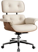 EXECUTIVE PRESTIGE – Scaun Directorial Ergonomic Premium, cu Piele PU, Furnir din Lemn Natur, Bază din Aluminiu, Reglaj pe Înălțime și Funcție de Înclinare, Alb