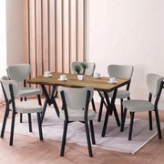 Set Masa Barton din MDF cu 6 Scaune  din metal, culaore nuc si crem, 140 cm