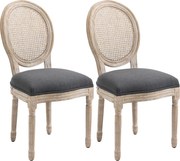 HOMCOM Set 2 Scaune de Dining Vintage, Material cu Efect de In, Spătar din Ratan Perforat, Picioare din Lemn, Gri | Aosom Romania