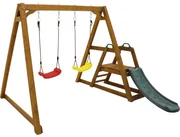Leagăn Dublu pentru Copii din Lemn Masiv cu Tobogan de Grădină și Scară de Cățărat, Structură de Exterior, 239x240x169 cm, Natural