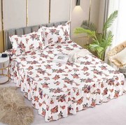 Set Cearceaf de Pat cu Volanase si 2 Fete de Perne, Bumbac Tip Finet, Pat 2 Persoane, Floricele