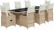 vidaXL Set bistro de grădină, 9 piese, cu perne, bej, poliratan
