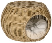 PawHut Niche coș casă pentru pisici 2 etaje din rășină împletită aspect răchită cu 1 pernă moale Ø 40 x 30 cm maro deschis | Aosom Romania