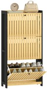 HOMCOM Mobila pentru pantofi 18 perechi cu 3 sertare rabatabile, uși din bambus cu lamele, 60x24x118cm, negru și lemn natural | Aosom Romania