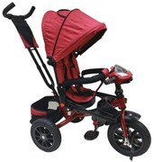 Tricicleta cu copertina NOVOKIDS Super Trike, Cu melodii si lumini, Roti din cauciuc, Pozitie somn, Scaun reversibil cu rotatie 360 grade, Rosu