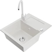 Mexen Enzo chiuvetă de granit cu un compartiment, cu picurător și  baterie de bucătărie Telma, Albă - 6506-20-670200-20