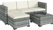 Outsunny Set mobilier grădină Polyrattan 5 piese, set lounge cu colțar, taburet, masă și perne pentru șezut și spate Gri+Cremeweiß | Aosom Romania