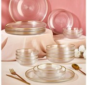 Set de masă, 18 piese, din sticlă transparentă cu detalii aurii