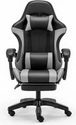 Scaun gaming, Masaj în perna lombară, Rabatabil 90-145°, Suport picioare, piele PU, Negru/Gri