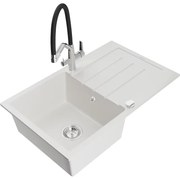 Mexen Bruno chiuvetă de granit cu 1 compartiment și picurător și baterie de bucătărie Duo, alb - 6513-20-671701-07