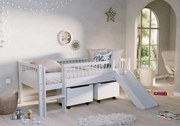 Pat Semi-Înălțat (Mid Sleeper) Forrest Beech 90x200 cm, pentru Camera Copii, din Lemn de Fag Lăcuit Alb, cu Tobogan și Sertare – Vipack