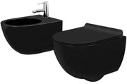 Set vas wc negru mat suspendat capac slim softclose si bideu Rea Carlo Mini