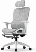 Scaun ergonomic, suport lombar dinamic, tetieră 3D, cotiere 3D, umeras, suport picioare, pivotant, Mesh, Alb/Gri