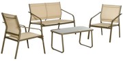 Outsunny Set Mobilier de Gradina Confortabil, 2 Scaune, 1 Canapea, 1 Masuta, Cadru Metalic, Textilen Rezistent, Kaki, Design Modern | Aosom Romania