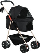 PawHut Cărucior pentru Animale de Companie 3 în 1 cu 4 Roți și Geantă de Transport Detașabilă, 76x50x102 cm, Negru | Aosom Romania