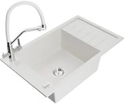 Mexen Elias chiuvetă de granit cu un compartiment, cu picurător și baterie de bucătărie Duo, Albă - 6511-20-671701-02