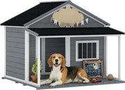 PawHut Casuță din Lemn de Exterior pentru Câini, Cușcă pentru Câini cu Terasă, Fereastră și Acoperiș Impermeabil, 124x112x105 cm, Gri | Aosom Romania